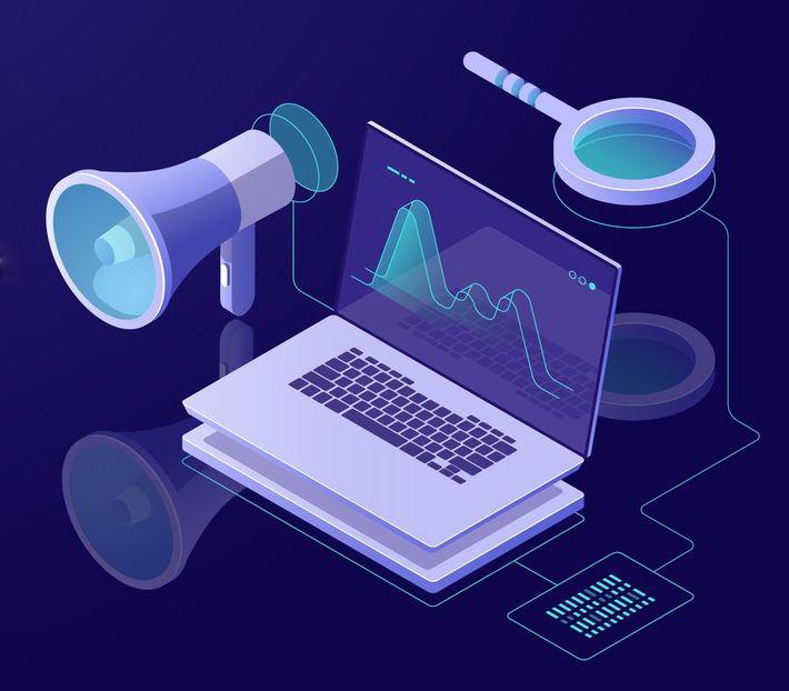 Digital marketing and promotion, online advertising, loudspeaker with laptop and magnifying glass, data researching and processing, dark neon