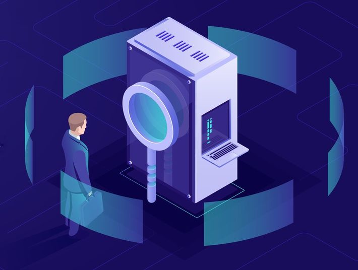 Data research and searching engine optimization seo, man with magnifying glass, server room, datacenter and database icon, bag data processing isometric vector dark