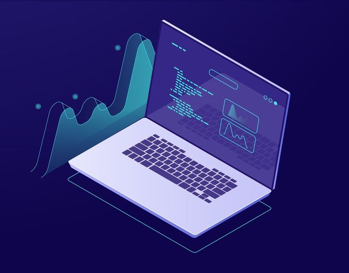 Computer data visualization, digital technology, data graph, statistics processing, dark vector neon