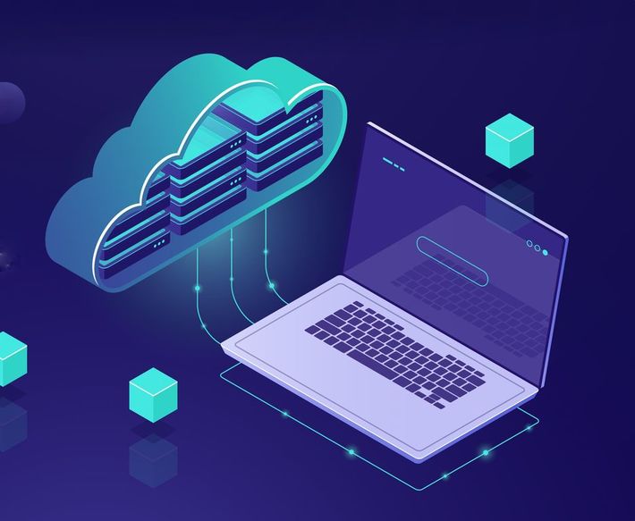 Cloud database computing, isometric icon of data transfer from cloud stock, laptop, remote data processing outsourcing, dark neon violet